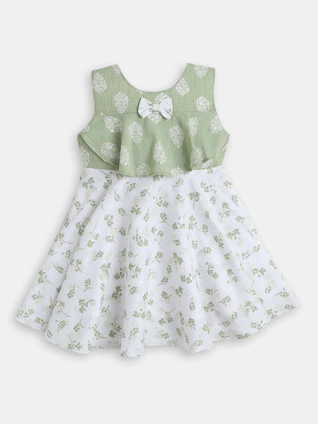 

Hopscotch Girls Round Neck Floral Printed A-Line Dress, Green