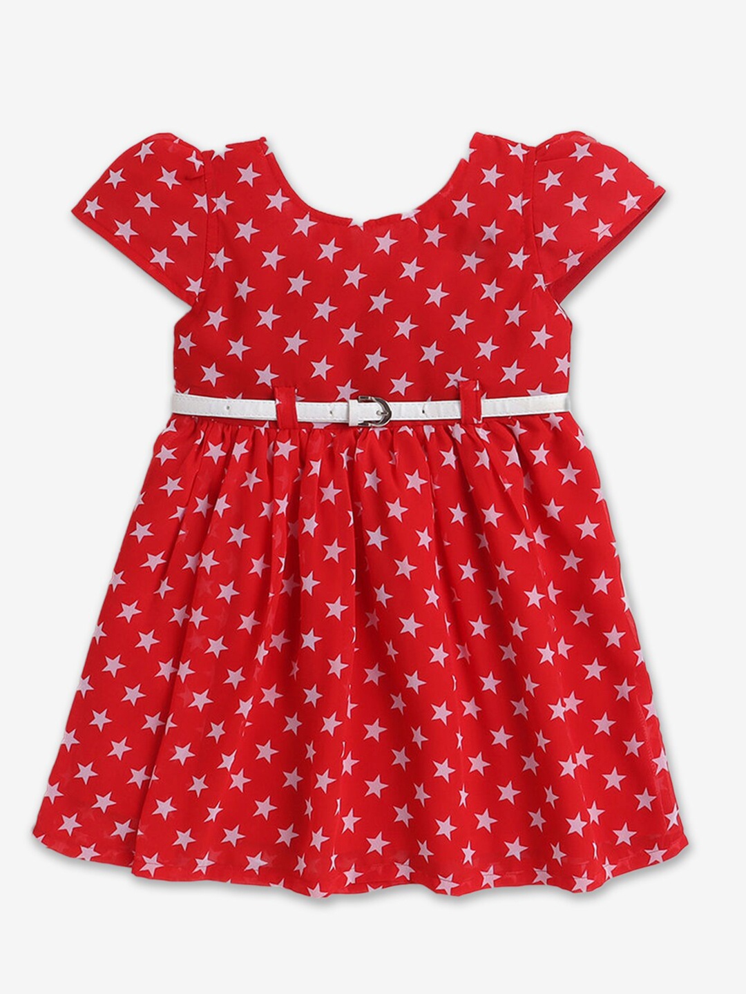 

Hopscotch Girls Star Printed Cap Sleeves Fit & Flare Dress With Belt, Red