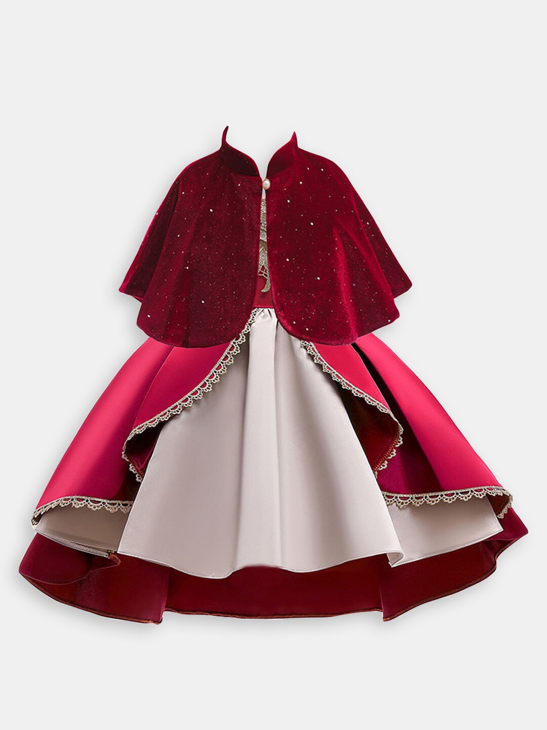 

Hopscotch Girls Round Neck Cotton Fit & Flare Dress With Cape Shrug, Red