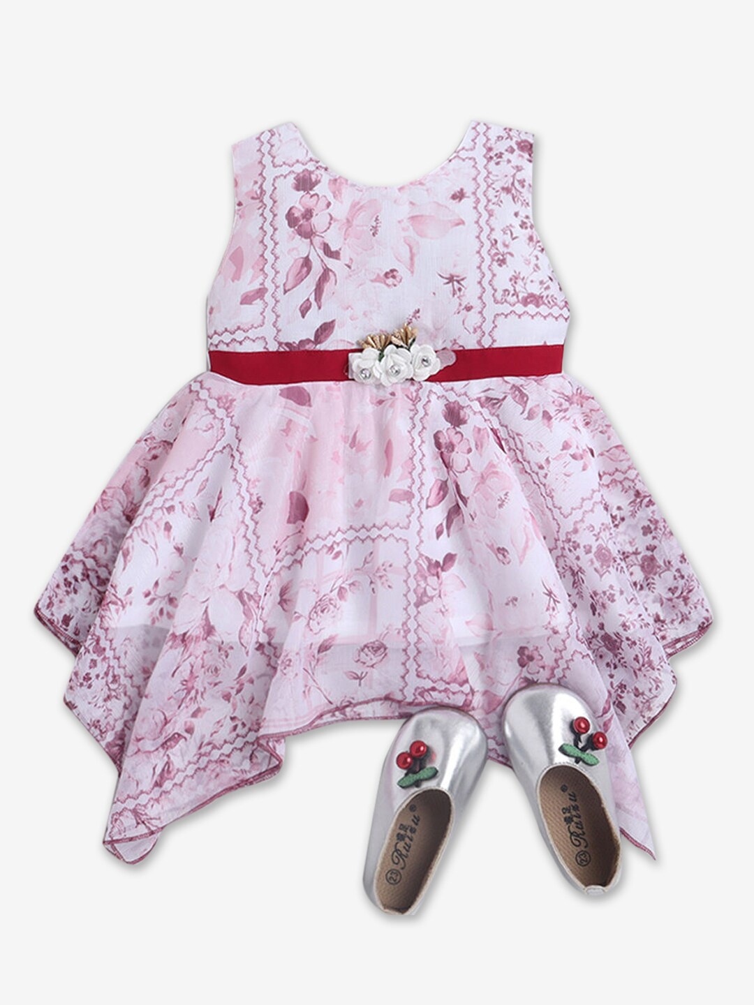 

Hopscotch Infant Girls Floral Printed Asymmetric Cotton Fit & Flare Dress, White