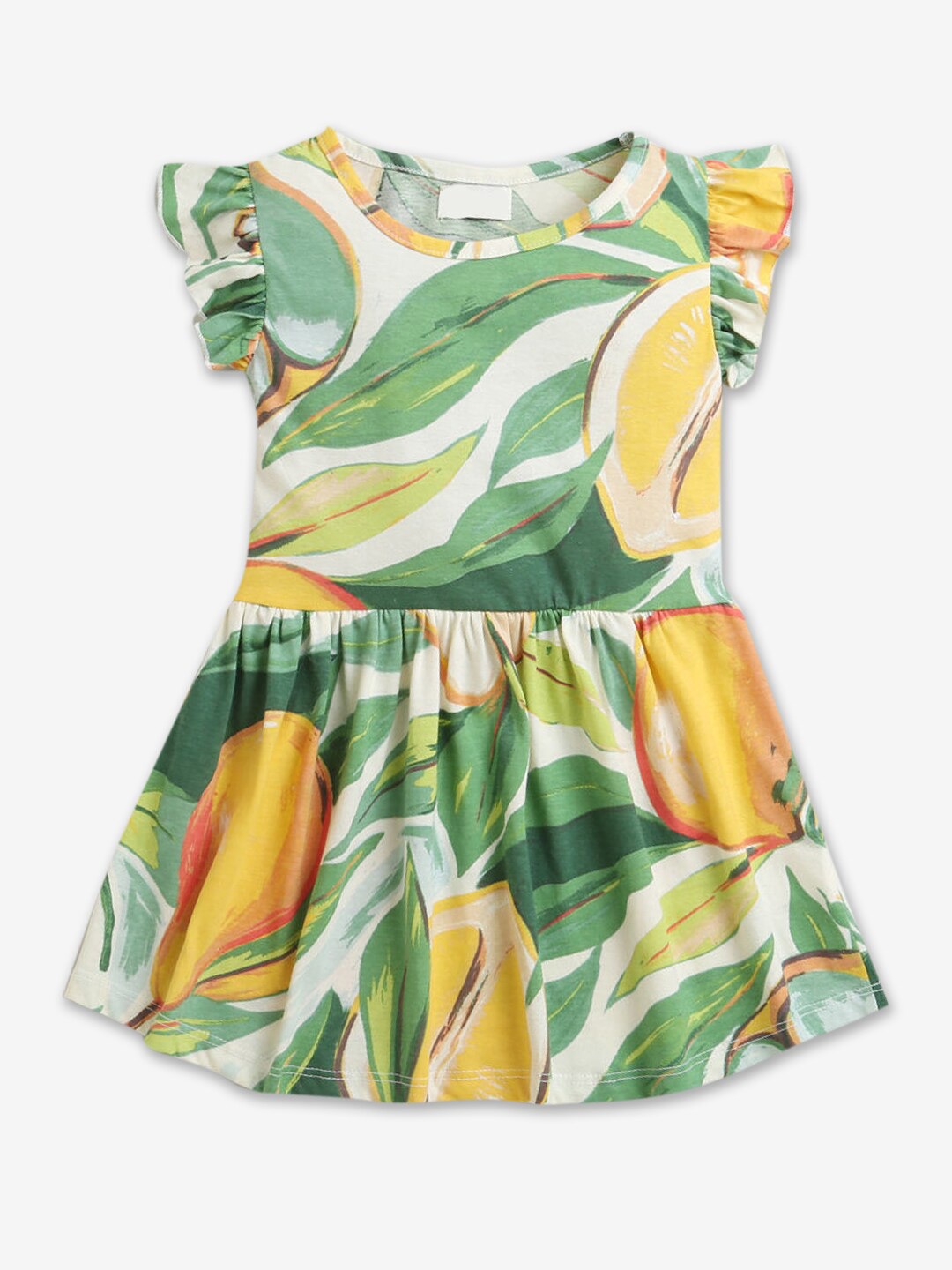 

Hopscotch Girls Floral Printed Flutter Sleeves Cotton Fit & Flare Dress, Green