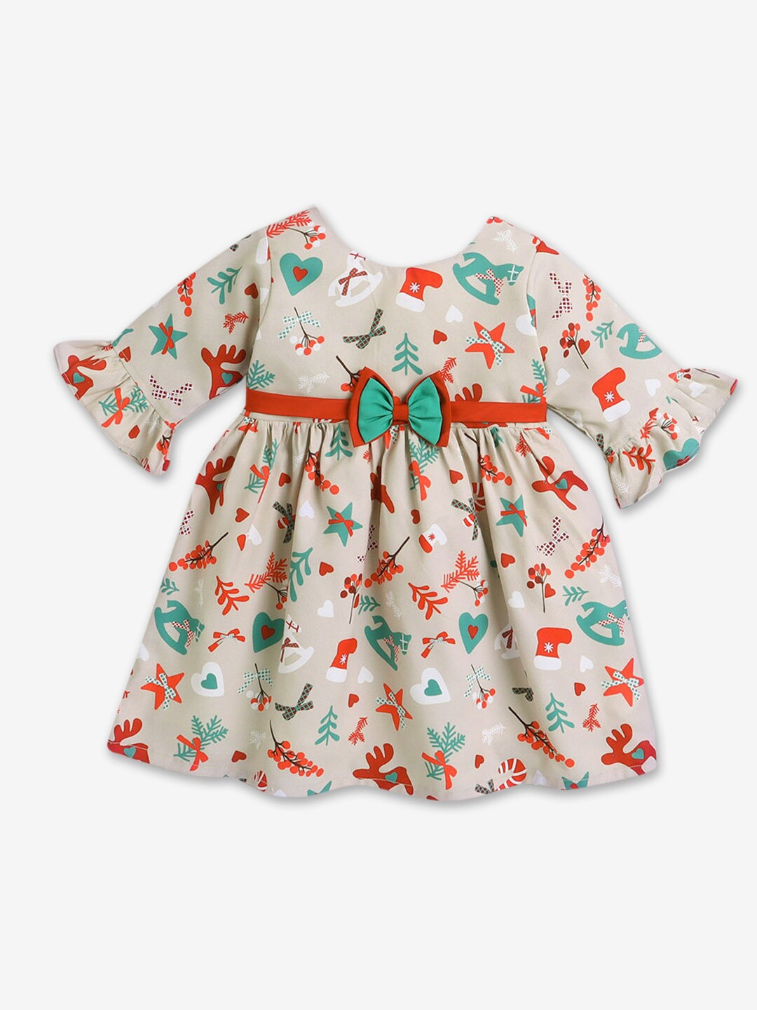 

Hopscotch Girls Conversational Printed Bow Detail Fit & Flare Dress, Beige