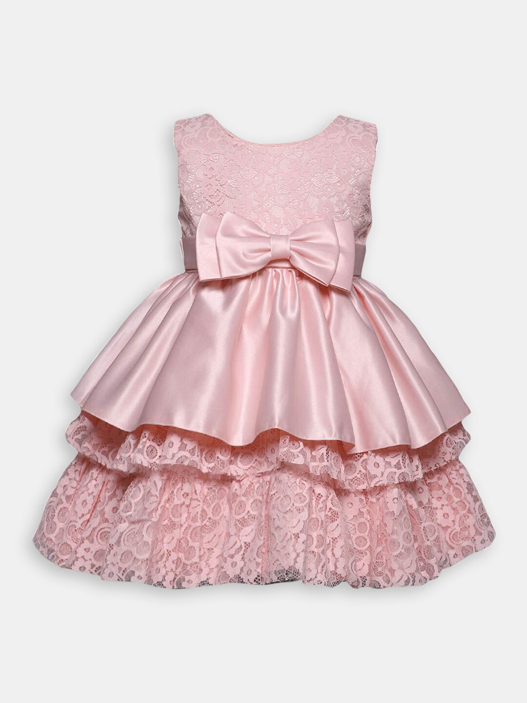 

Hopscotch Girls Self Design Bow Detail Tiered Fit & Flare Dress, Pink