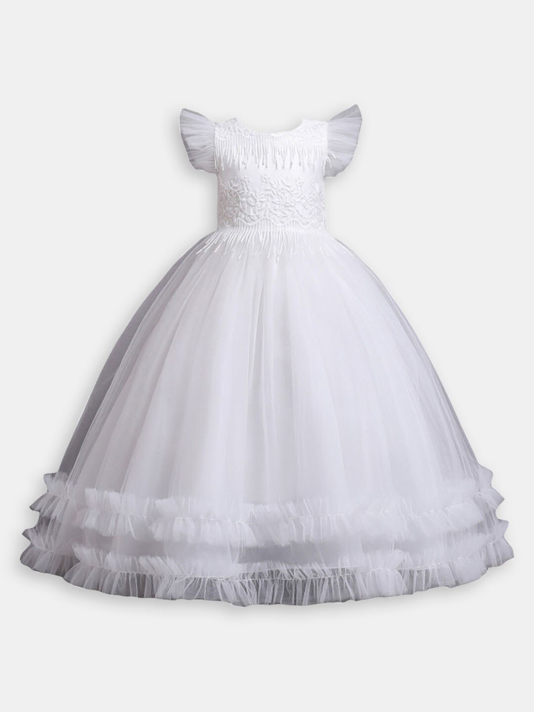 

Hopscotch Girls Floral Embroidered Flutter Sleeves Gown Dress, White