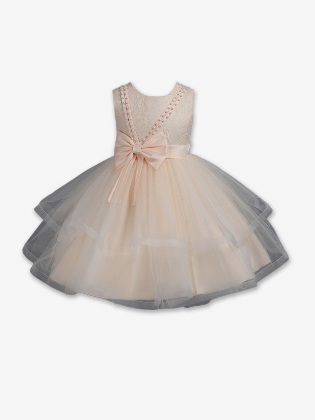 

Hopscotch Girls Self Design Bow Detail Fit & Flare Dress, Peach