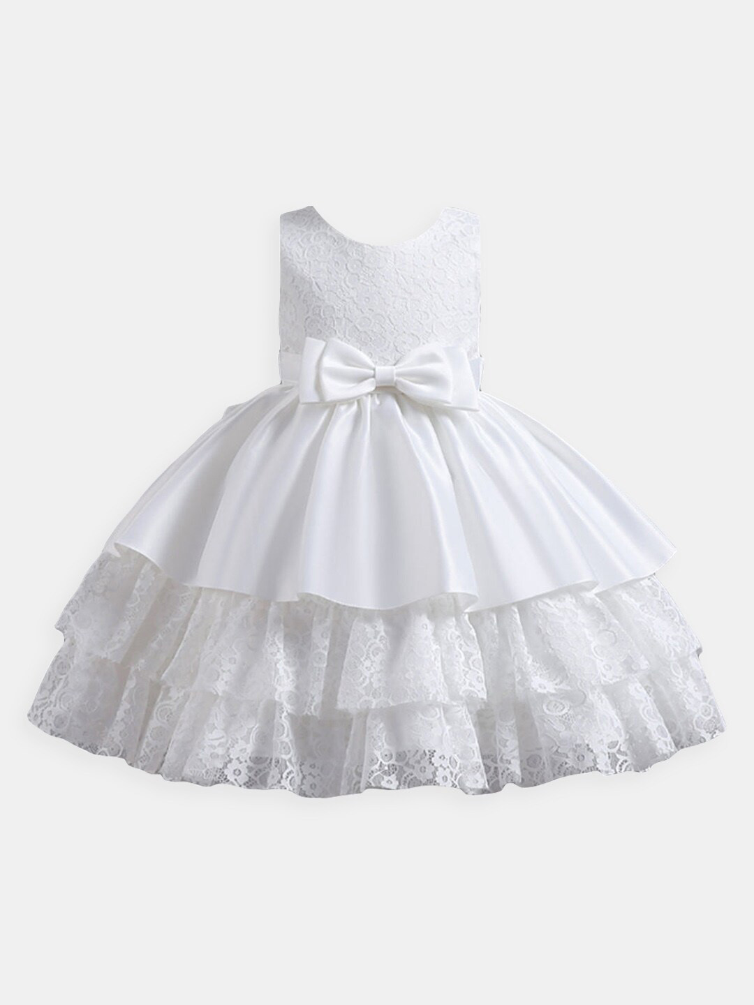 

Hopscotch Girls Self Design Bow Detail Tiered Fit & Flare Dress, White
