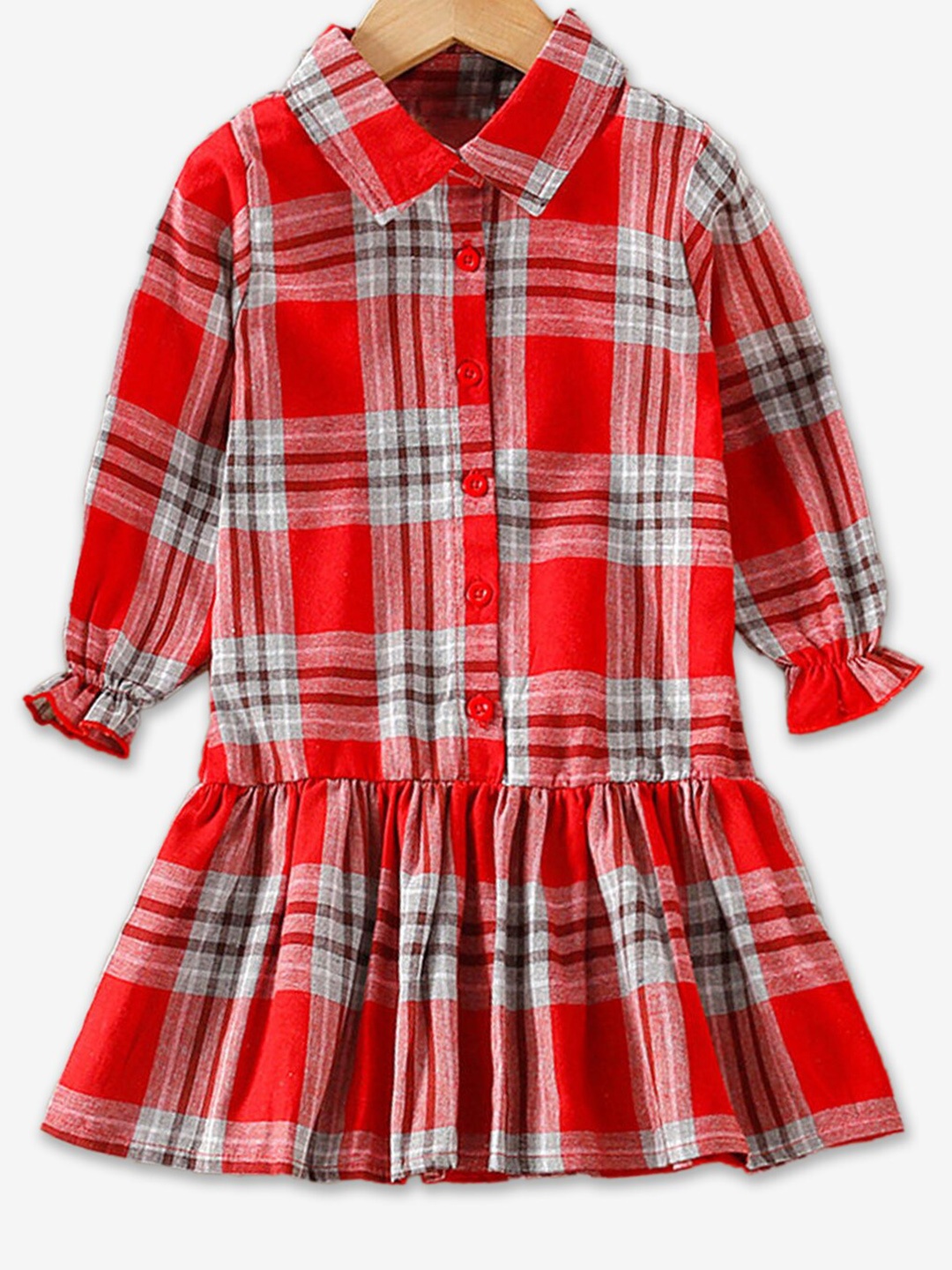 

Hopscotch Girls Checked Shirt Collar Drop-Waist Dress, Red