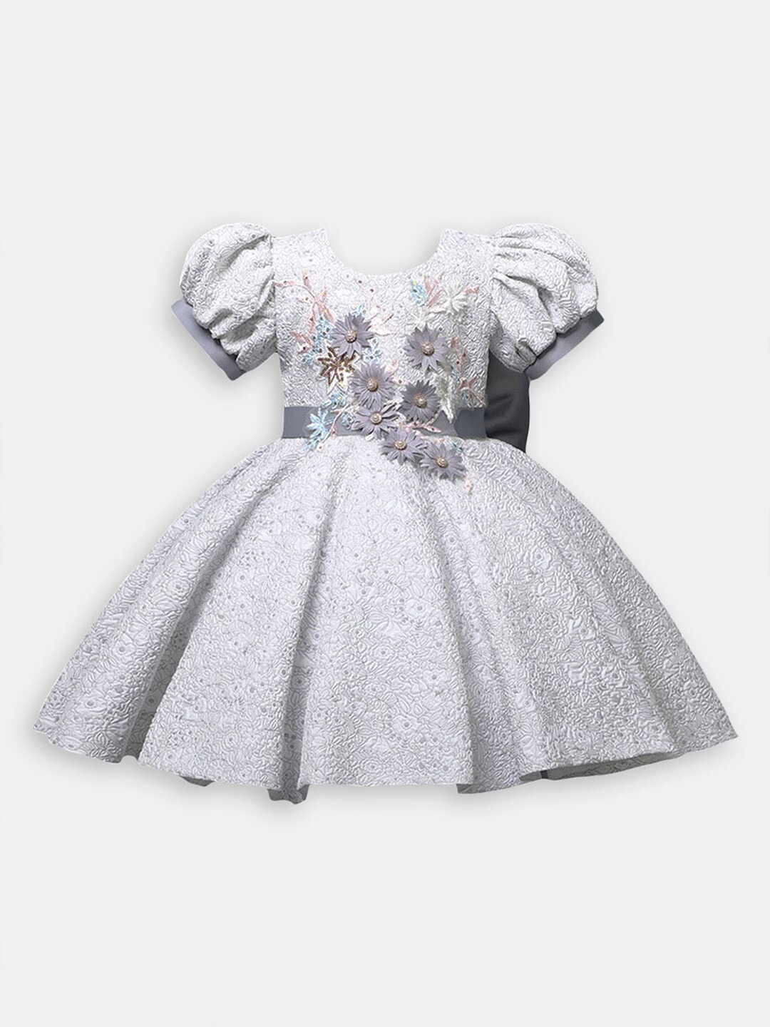 

Hopscotch Girls Self Design Puff Sleeves Fit & Flare Dress, White
