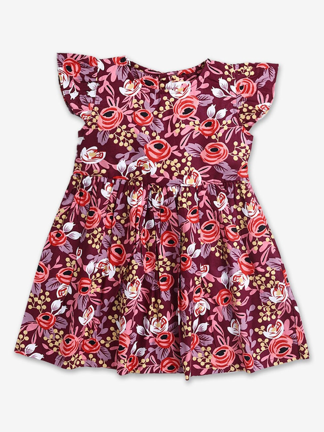 

Hopscotch Girls Floral Printed Flutter Sleeve Fit & Flare Dress, Maroon