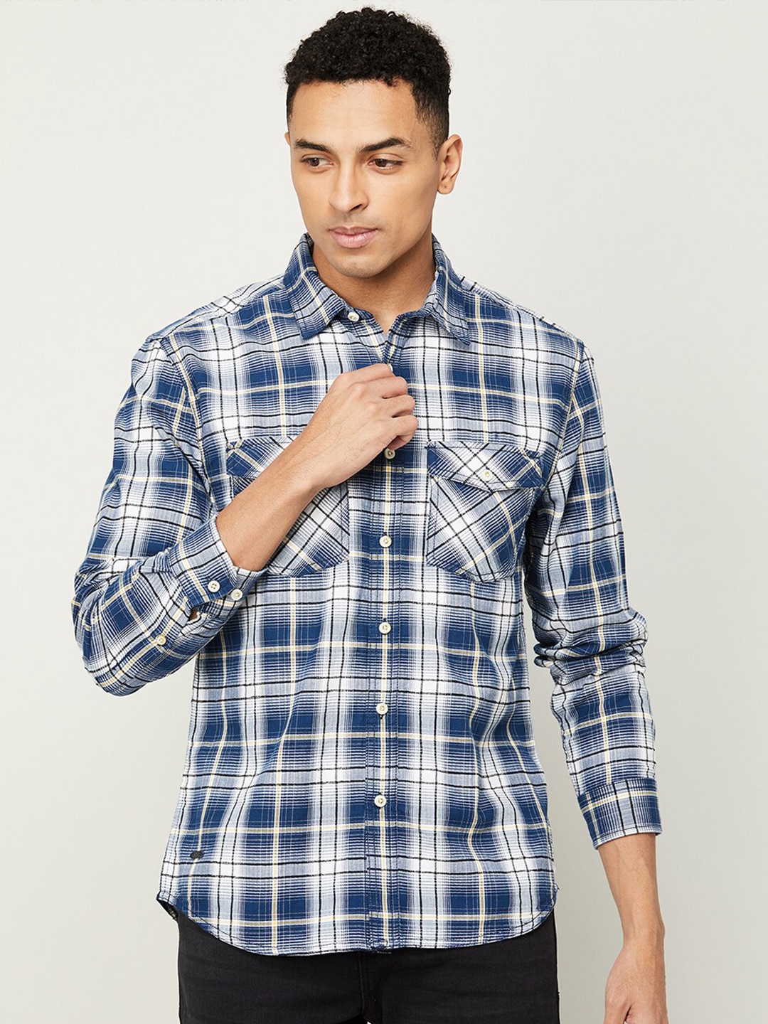 

Forca Tartan Checked Spread Collar Cotton Casual Shirt, Blue