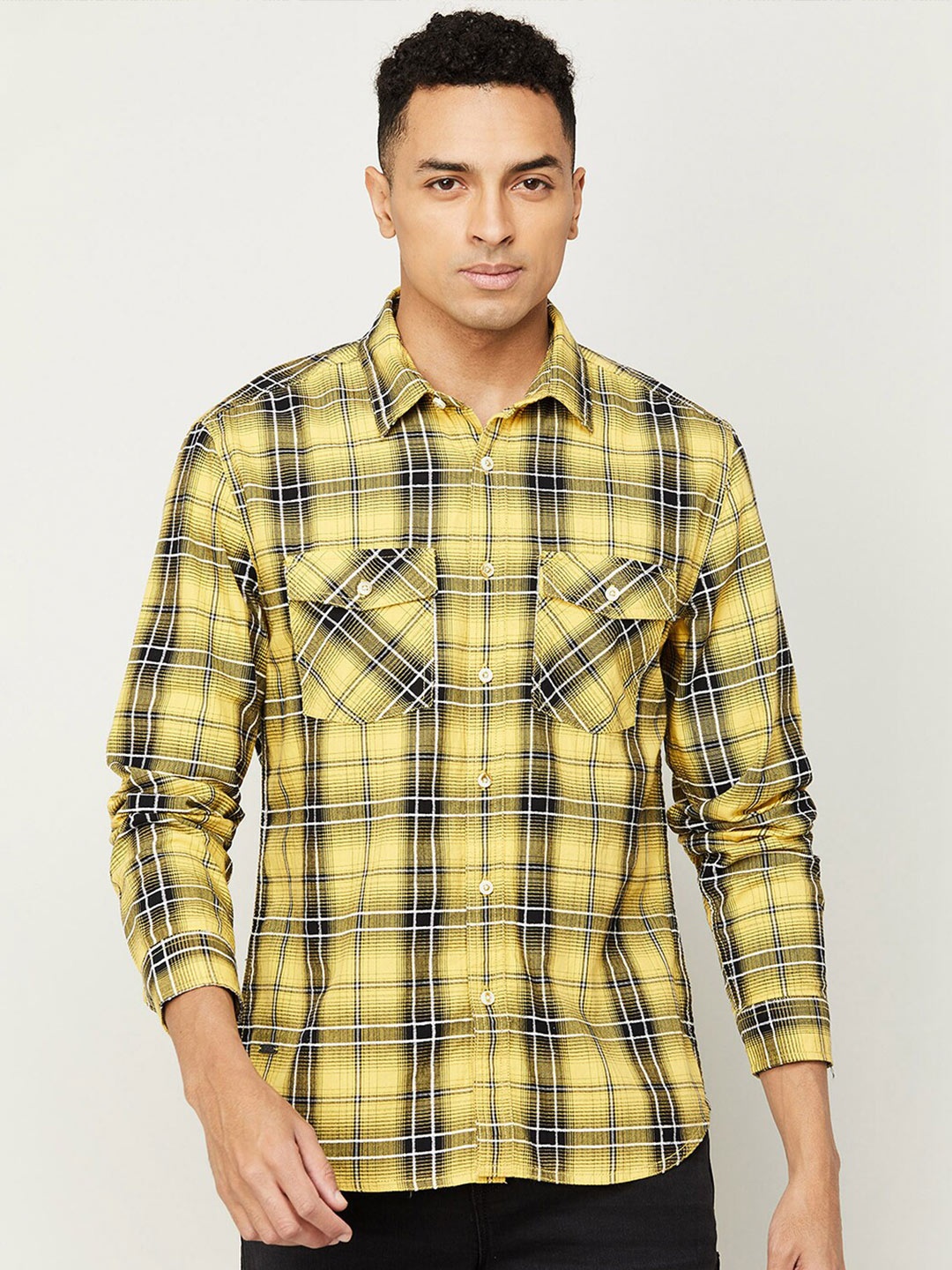 

Forca Tartan Checked Spread Collar Cotton Casual Shirt, Yellow