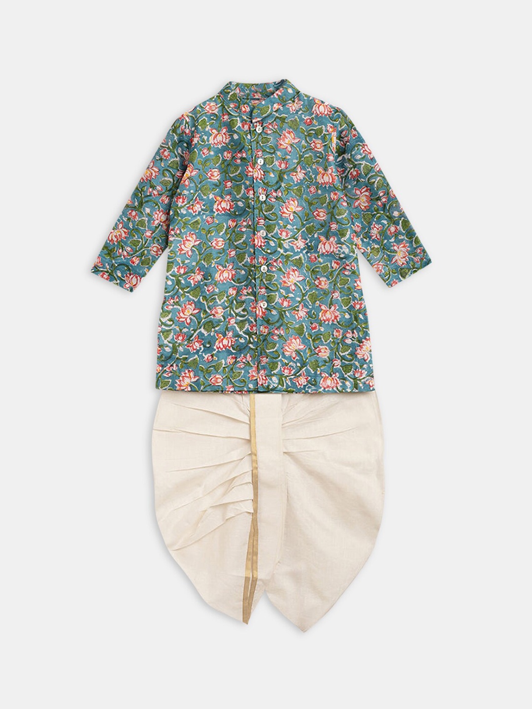 

Hopscotch Boys Mandarin Collar Floral Printed Kurta with Dhoti Pants, Blue
