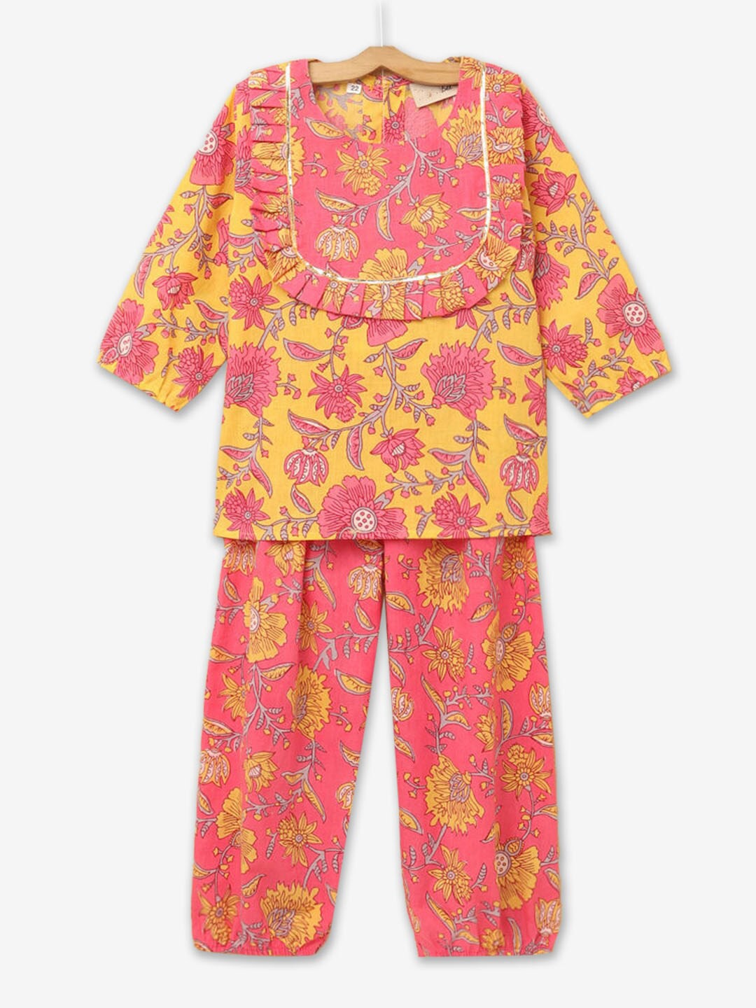 

Hopscotch Girls Floral Printed Gotta Patti Pure Cotton Kurti with Trousers, Mustard