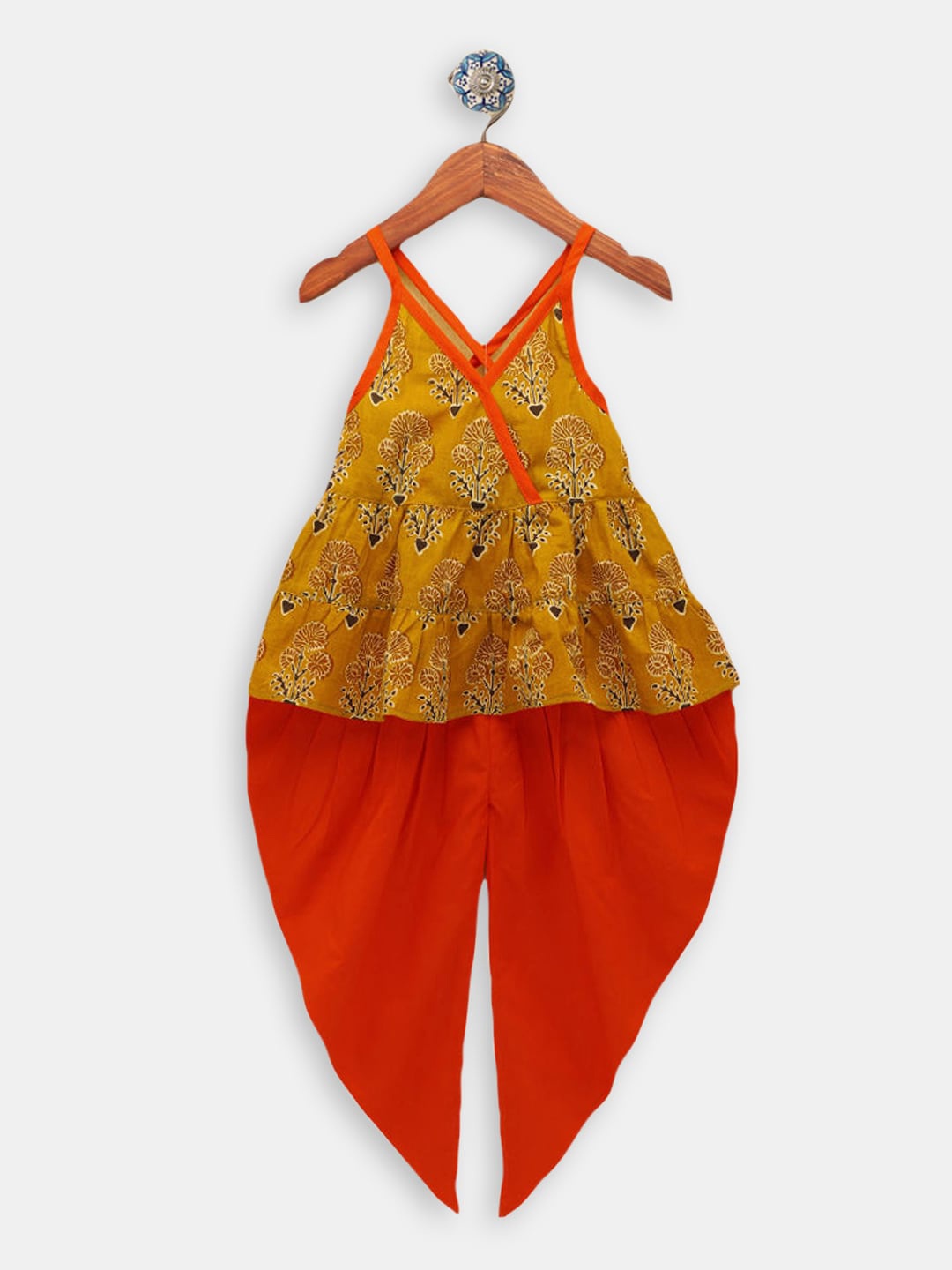 

Hopscotch Girls Floral Printed A-Line Pure Cotton Kurti with Dhoti Pants, Mustard