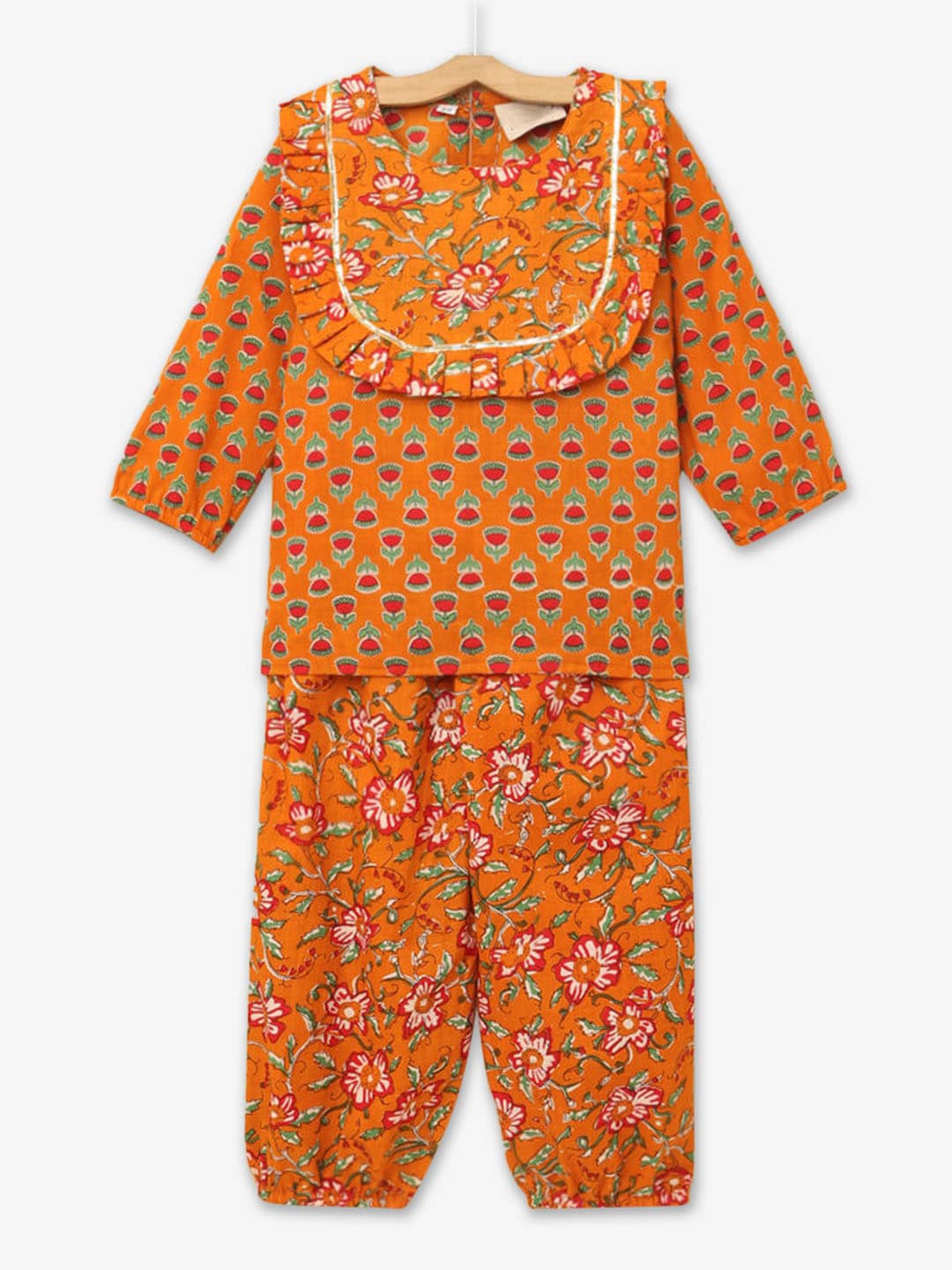 

Hopscotch Girls Floral Printed Ruffled Pure Cotton Kurta with Pyjamas, Orange