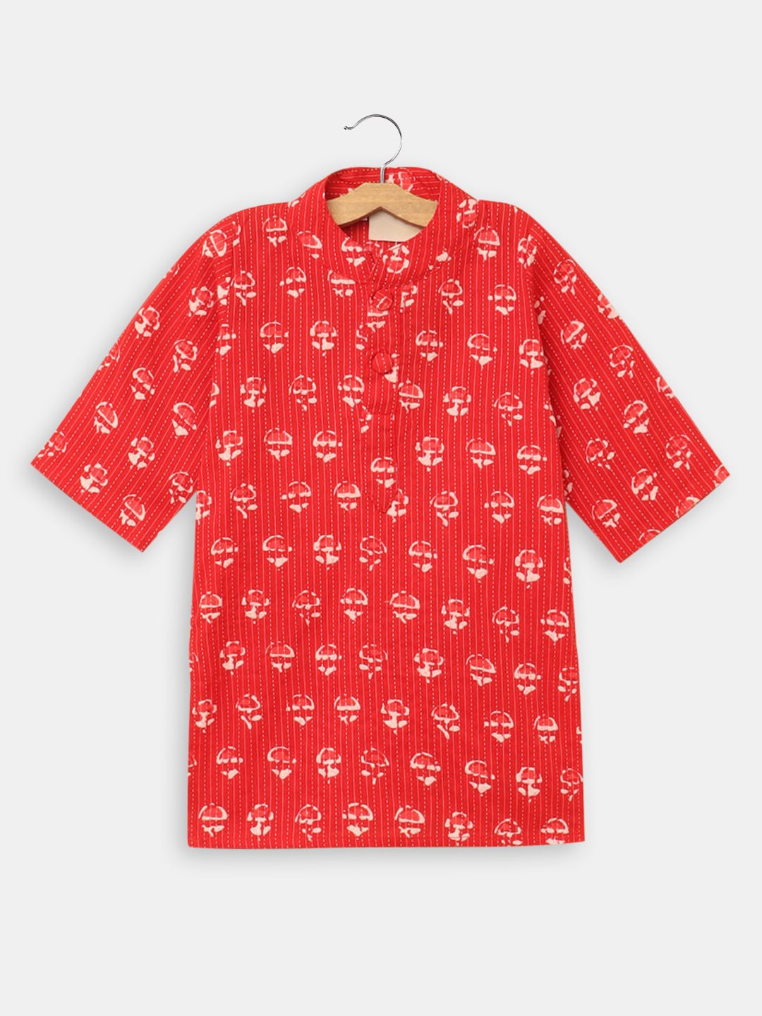 

Hopscotch Girls Floral Printed Band Collar Thread Work Kurta, Red