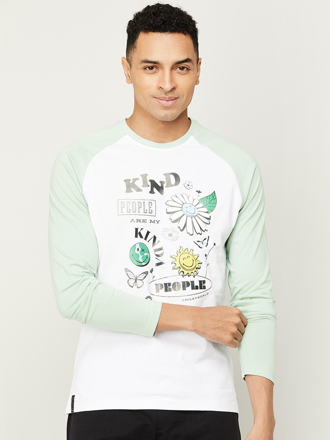 

SmileyWorld Graphic Printed Raglan Sleeve Pure Cotton T-shirt, Green