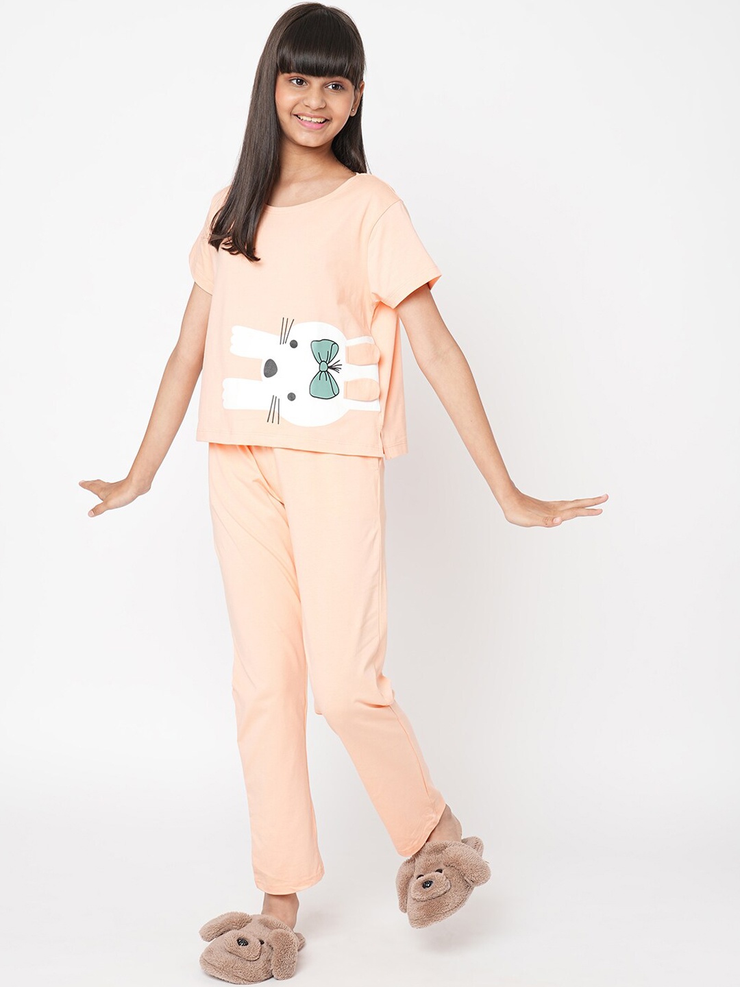 

Sweet Dreams Girls Graphic Printed Night Suit, Peach