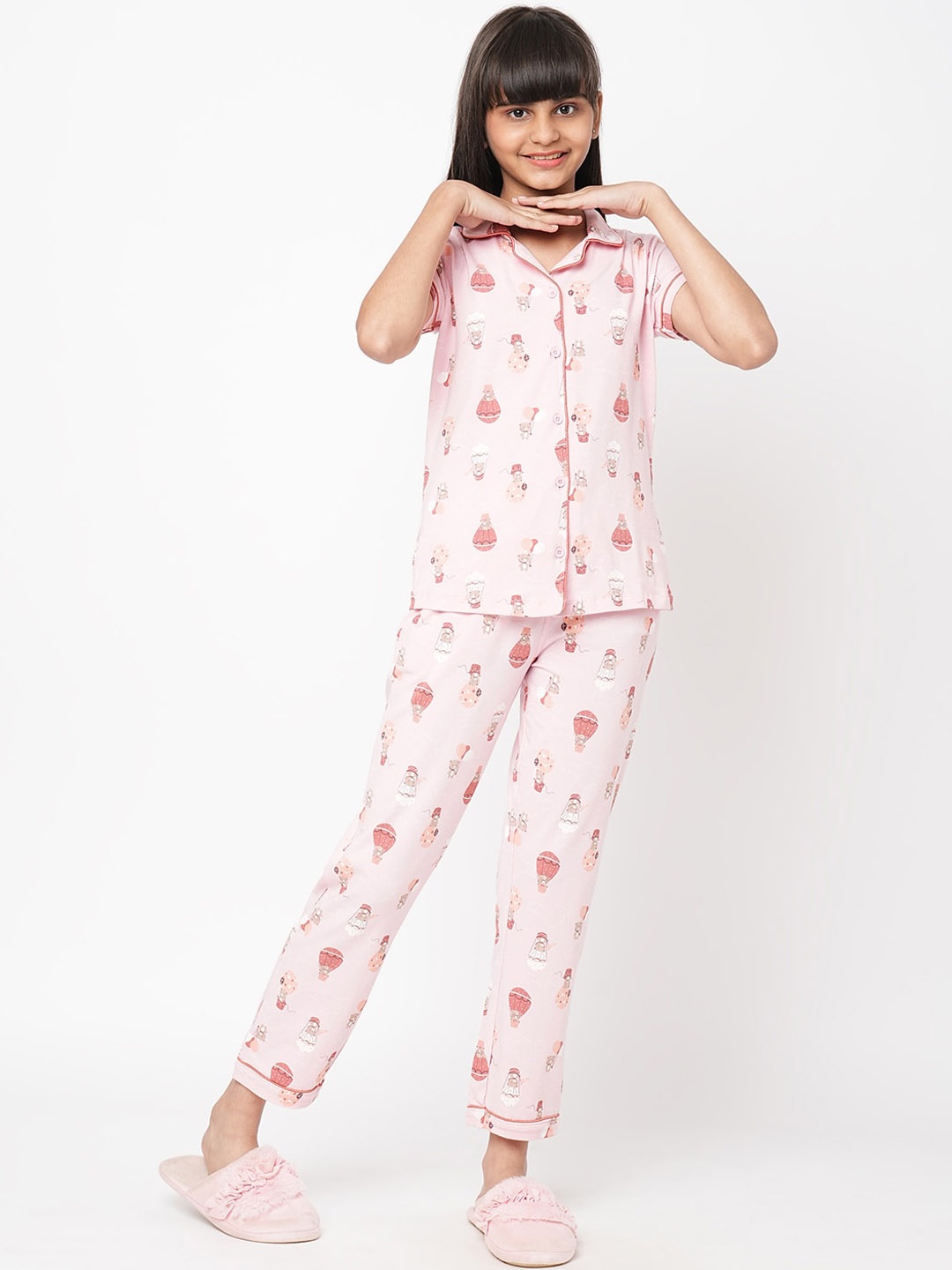 

Sweet Dreams Girls Conversational Printed Night Suit, Pink