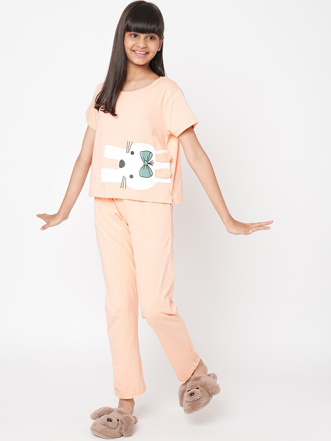 

Sweet Dreams Girls Graphic Printed Cotton blend Night Suit, Peach