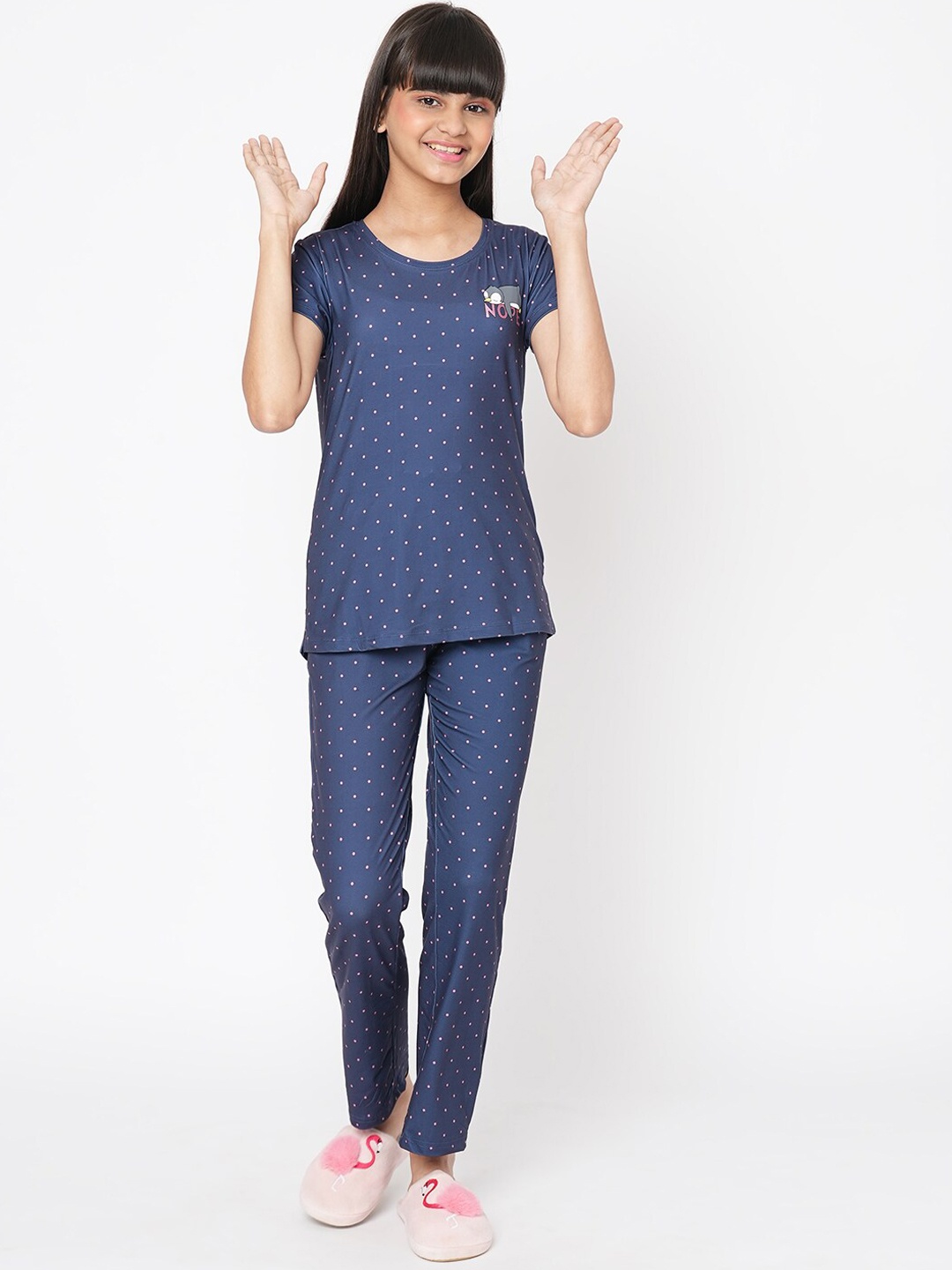 

Sweet Dreams Girls Polka Dots Printed Pure Cotton Night Suit, Navy blue
