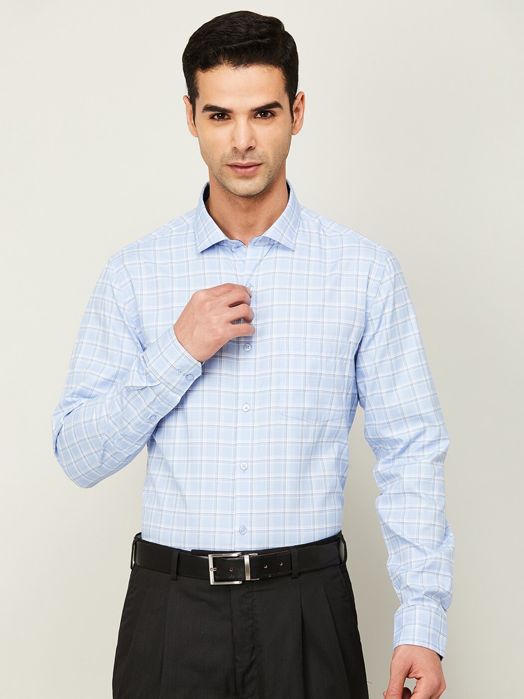 

CODE by Lifestyle Grid Tattersall Checked Spread Collar Cotton Slim Fit Formal Shirt, Blue