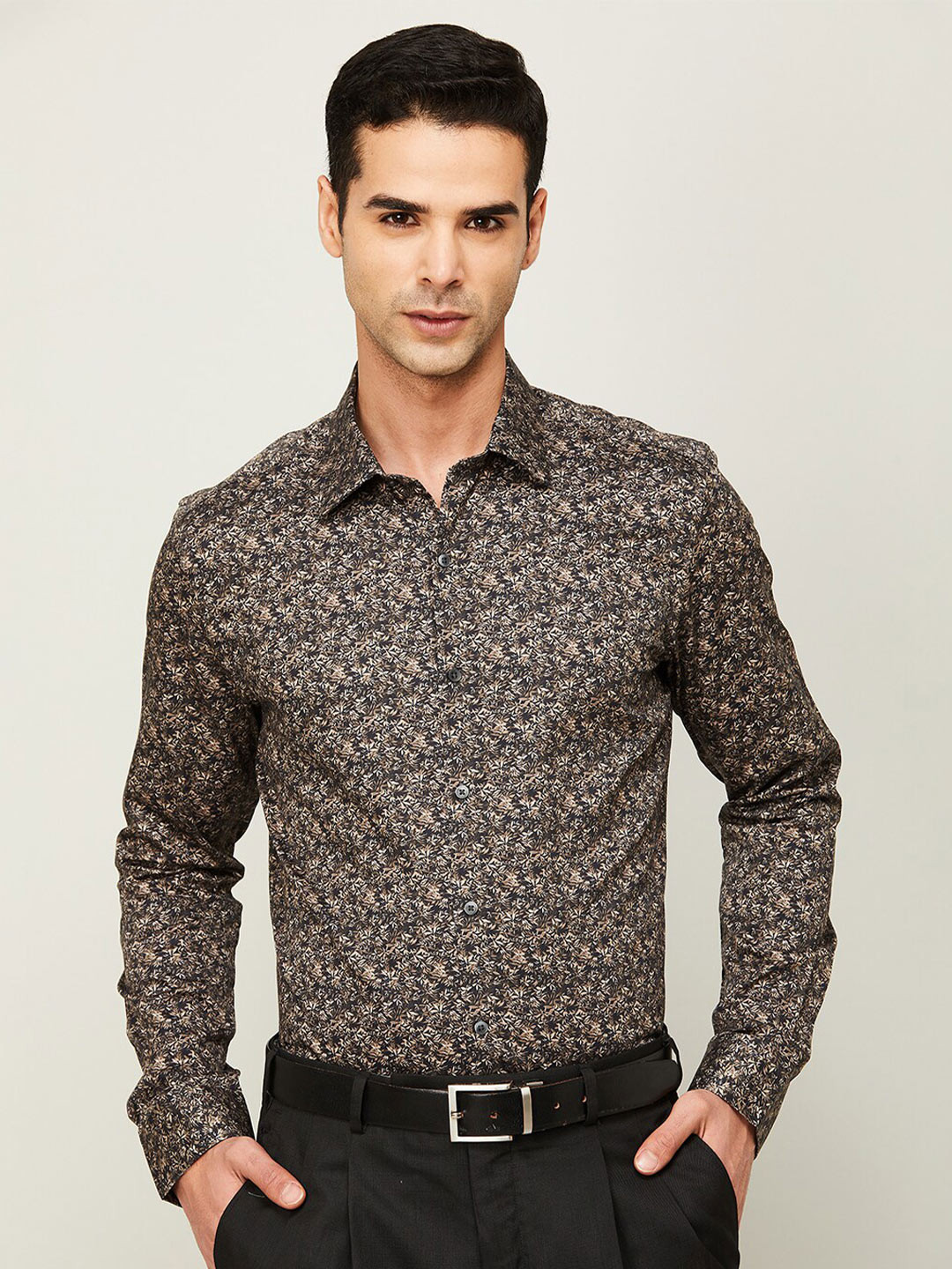 

CODE by Lifestyle Tropical Printed Spread Collar Cotton Slim Fit Formal Shirt, Black