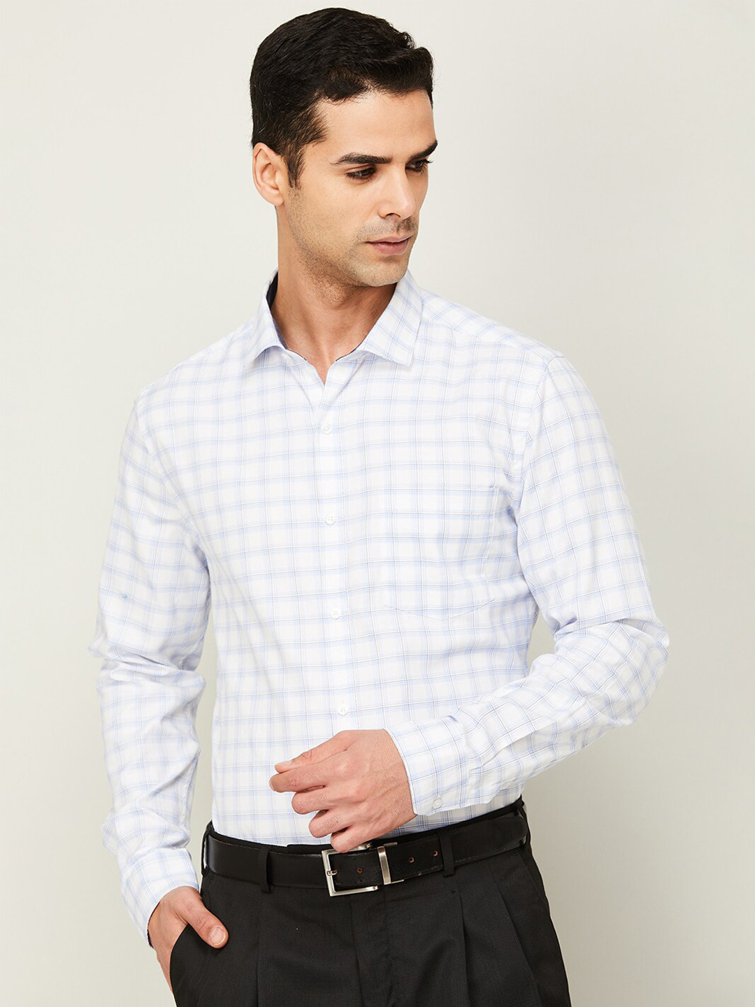 

CODE by Lifestyle Grid Tattersall Checked Spread Collar Cotton Slim Fit Formal Shirt, White
