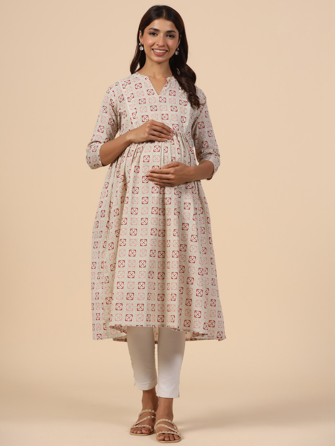 

CRAFIQA Floral Printed Maternity Mandarin Collar Pure Cotton Anarkali Kurta, Beige