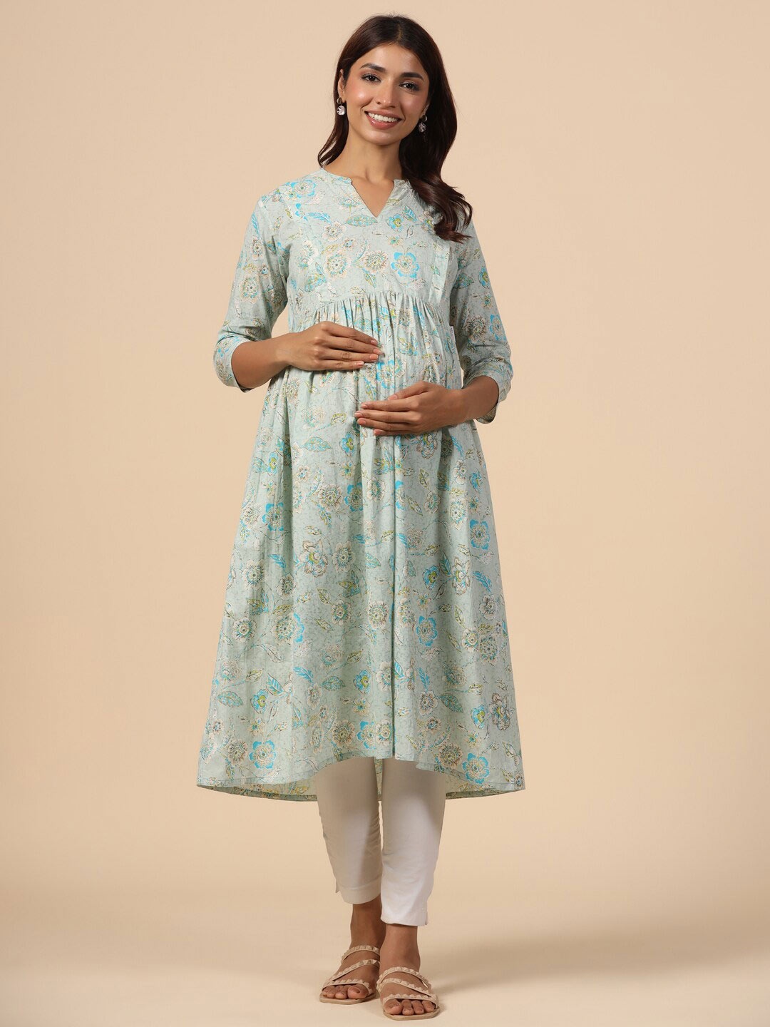 

CRAFIQA Floral Printed Maternity Mandarin Collar Pure Cotton Anarkali Kurta, Sea green