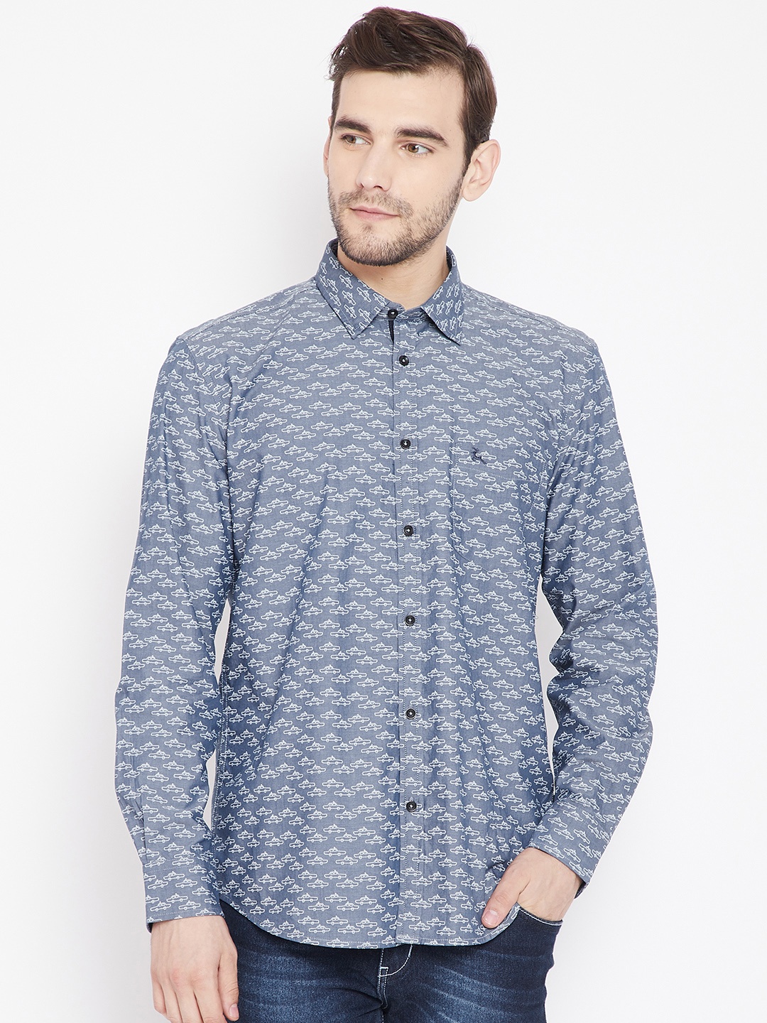 

Parx Men Grey & Blue Slim Fit Printed Casual Shirt