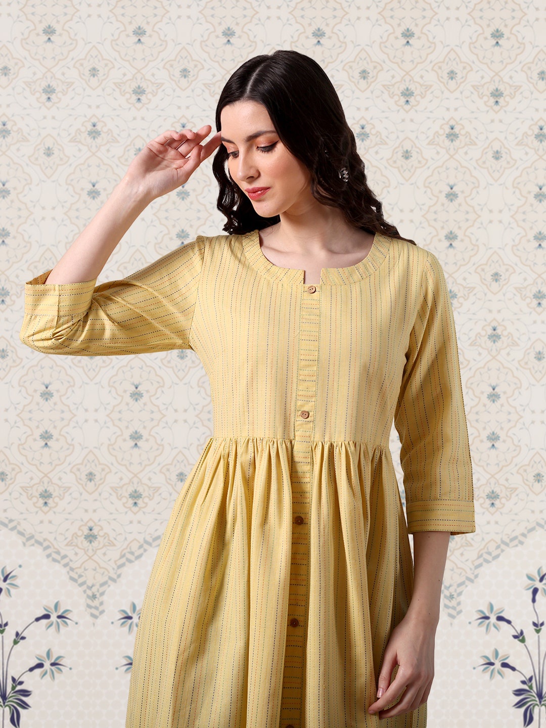 

Ode by House of Pataudi Lining Texture A-Line Kurta, Yellow