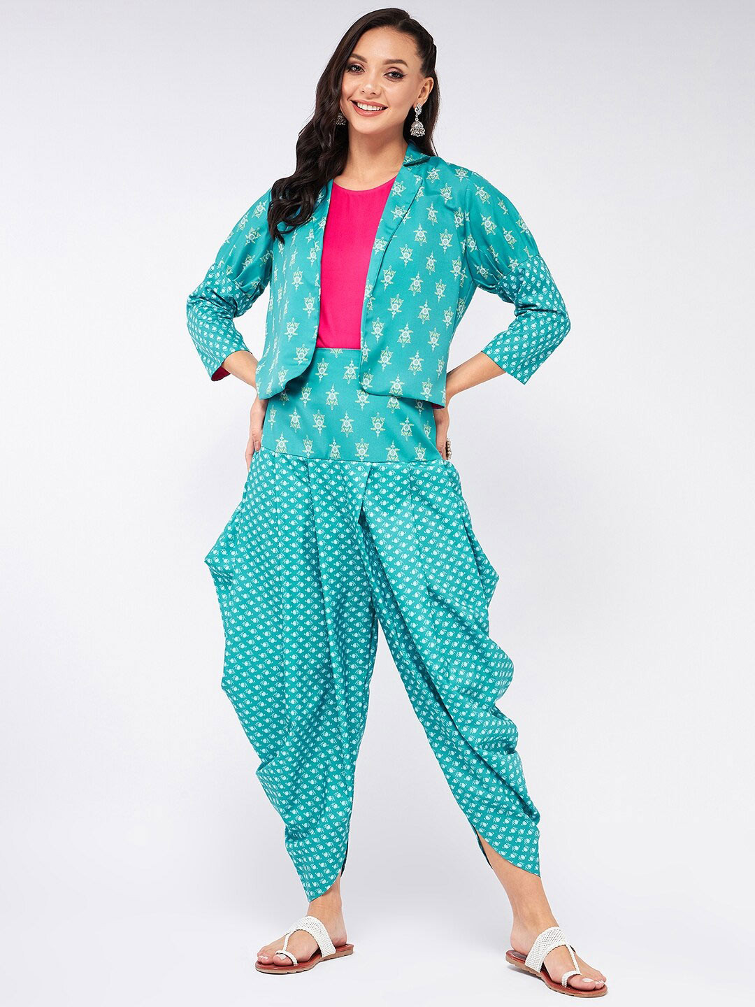 

Pannkh Women Printed Top with Dhoti Pants With Jacket Co-Ords, Blue
