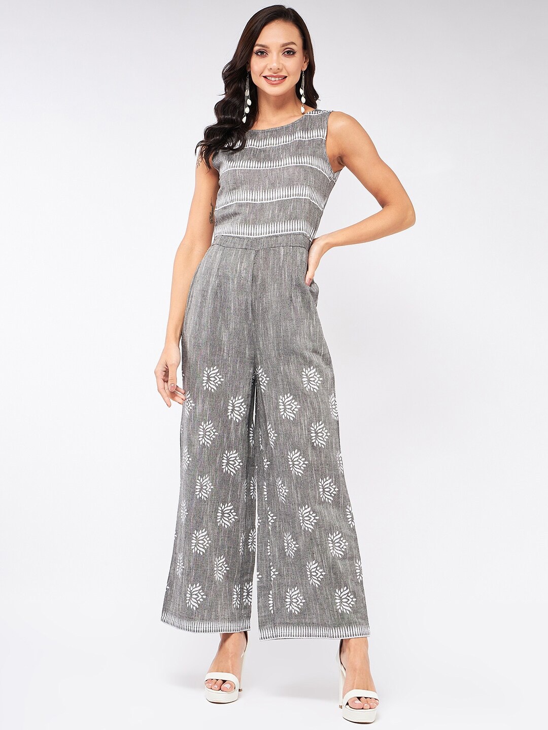 

Pannkh Printed Cotton Sleeveless Basic Jumpsuit, Grey