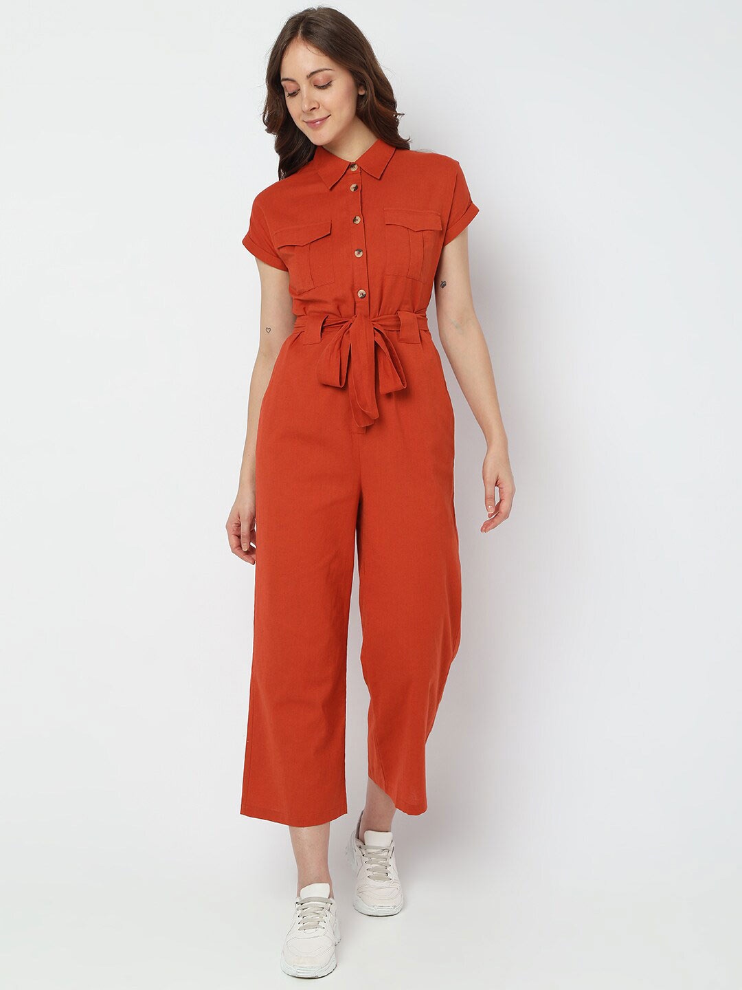 

Vero Moda Shirt Collar Basic Jumpsuit With Waist Tie-Ups, Rust