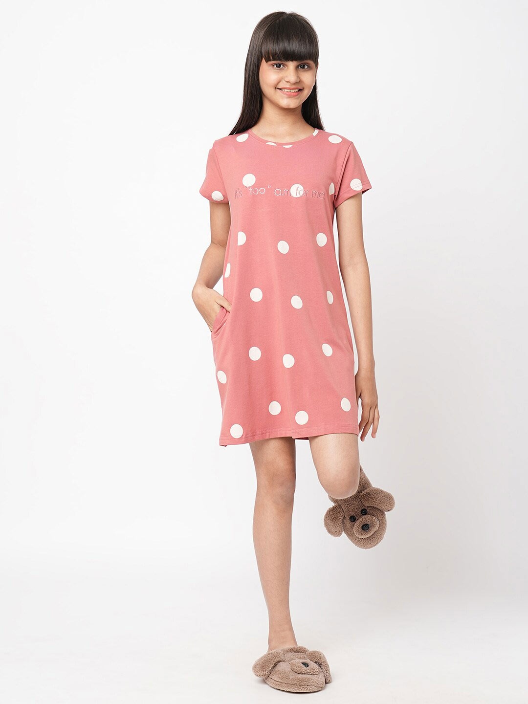 

Sweet Dreams Girls Polka Dots Printed Nightdress, Red