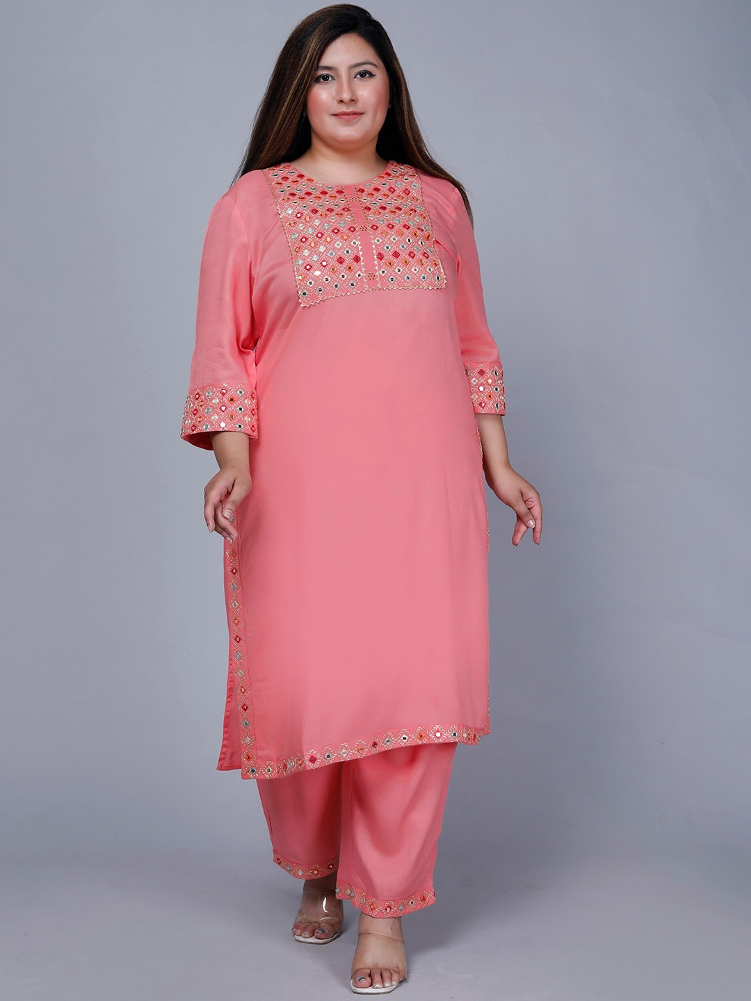 

PNEHA Round Neck Geometric Yoke Design Mirror Work Kurta with Trousers, Peach