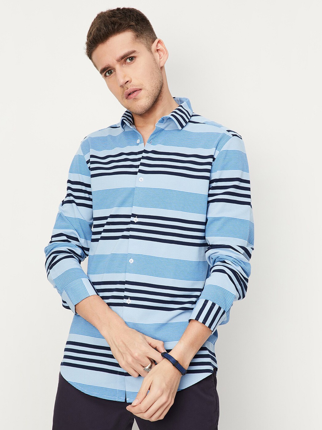 

max Horizontal Striped Pure Cotton Casual Shirt, Blue