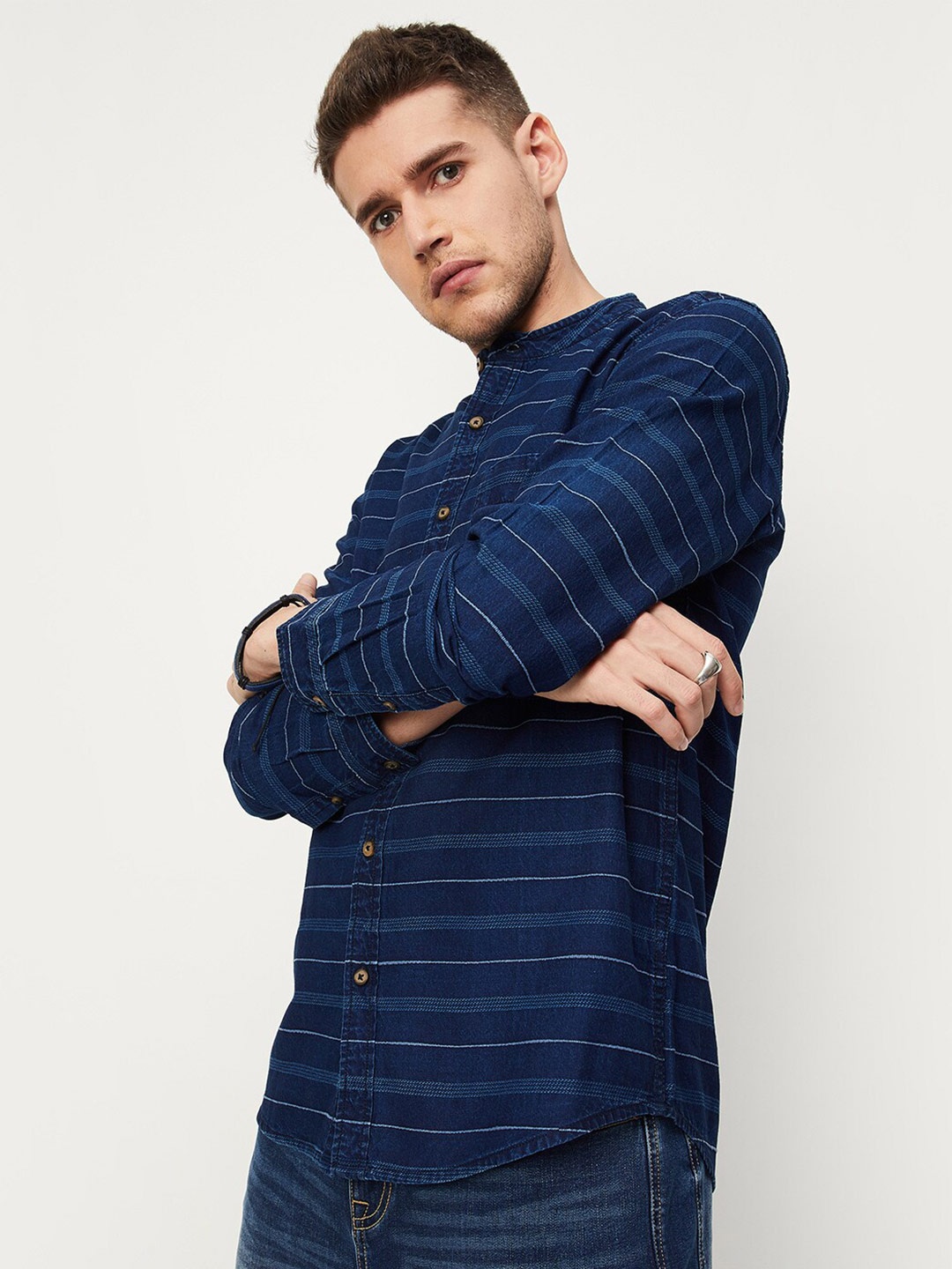 

max Horizontal Striped Pure Cotton Casual Shirt, Blue
