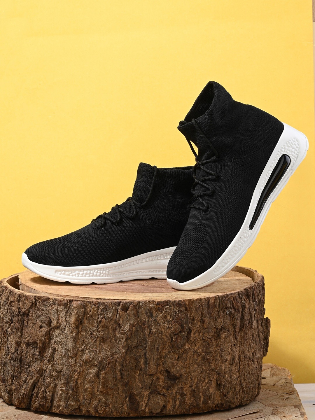 

knoos Men Woven Design Mid -Top Mesh Comfort Insole Contrast Sole Sneakers, Black