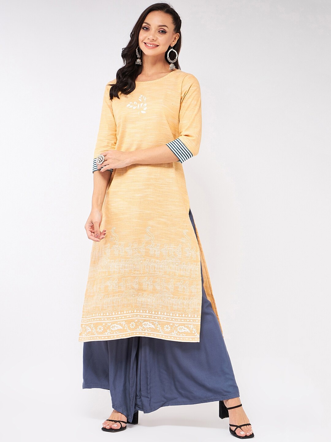 

Pannkh Madhubani Block Printed Chambray Pure Cotton Kurta, Yellow