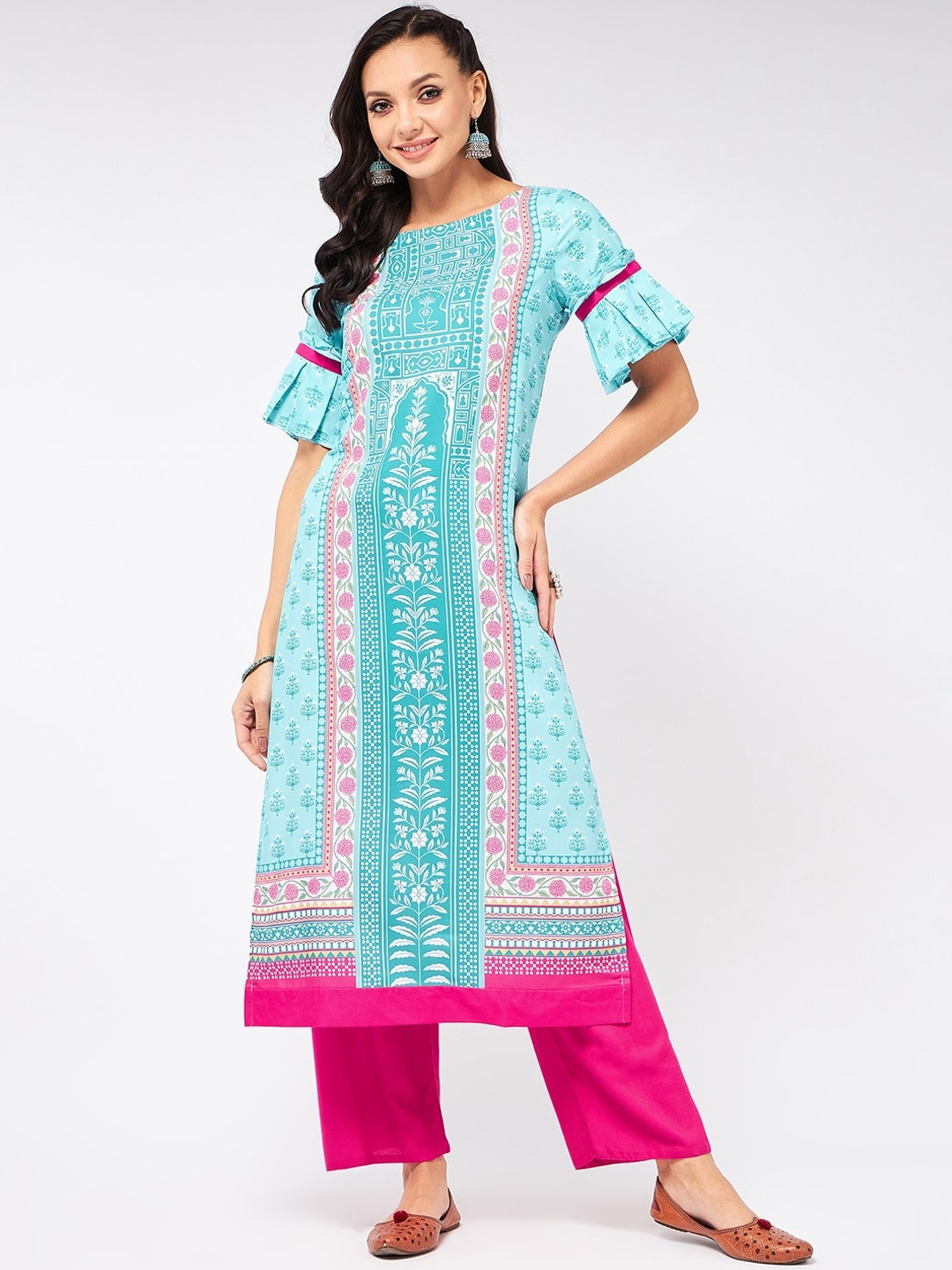 

Pannkh Ethnic Motifs Printed Flared Sleeves Kurta, Blue