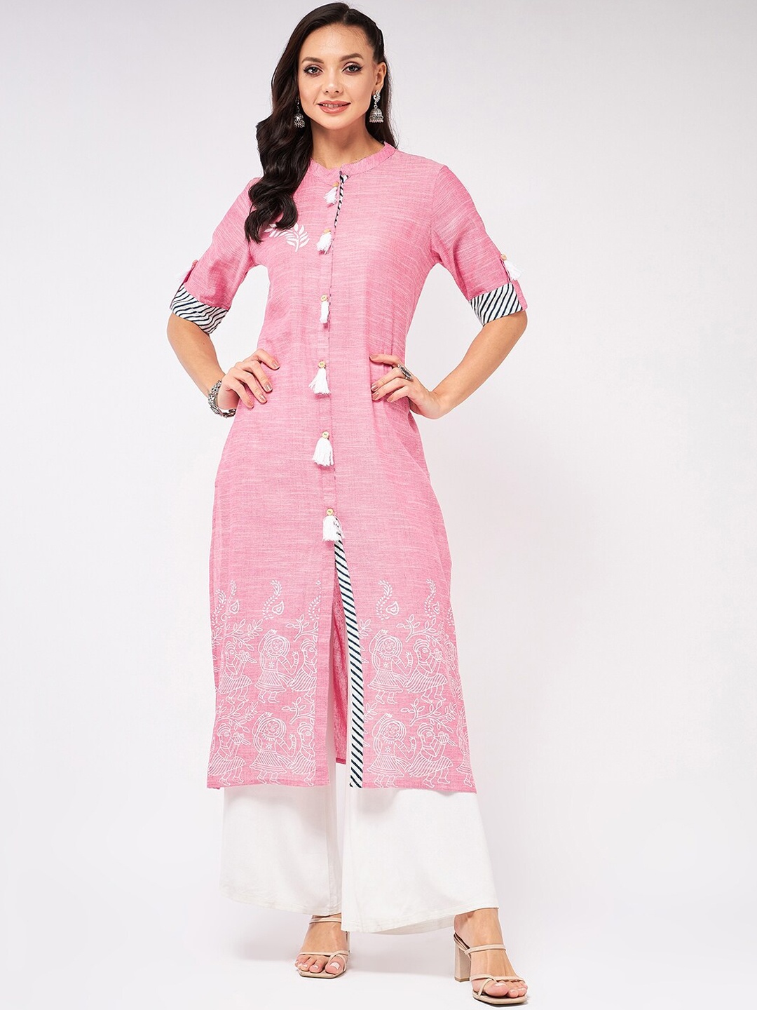 

Pannkh Ethnic Motifs Printed Mandarin Collar Cotton Kurta, Pink