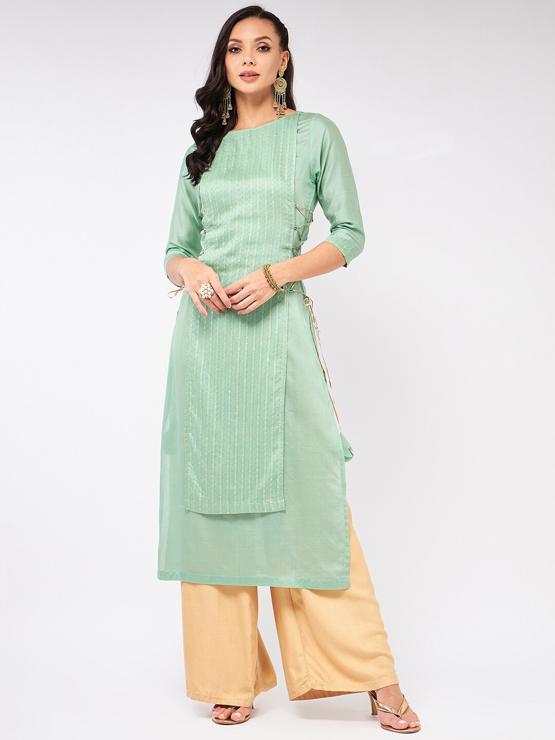 

Pannkh Striped Thread Work Layered Cotton Regular Kurta, Green