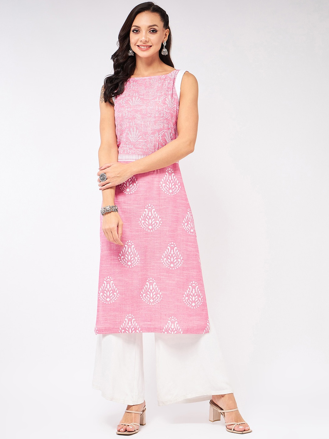 

Pannkh Ethnic Motifs Printed Sleeveless Regular Kurta, Pink