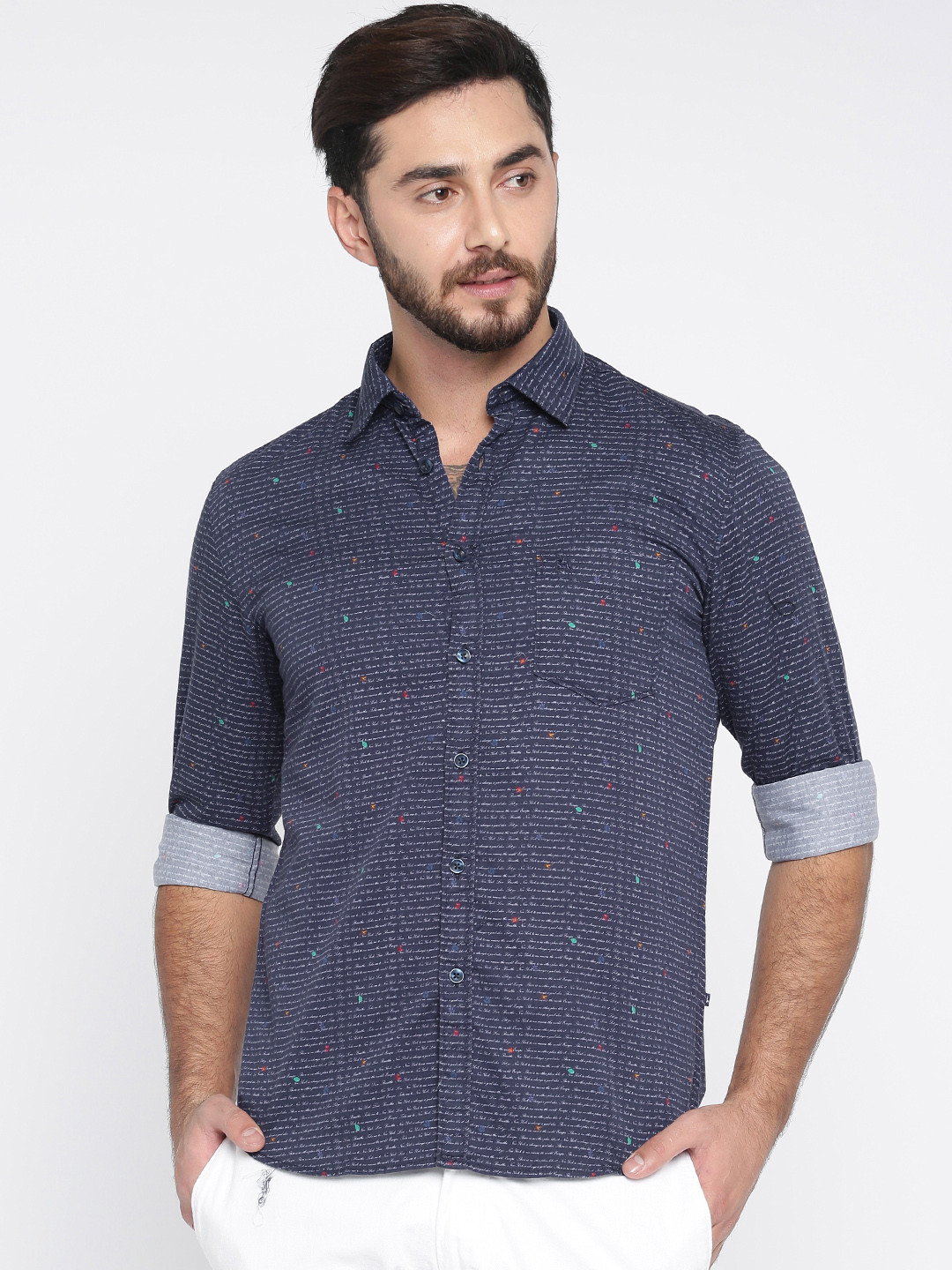

Parx Men Navy Slim Fit Printed Casual Shirt, Navy blue