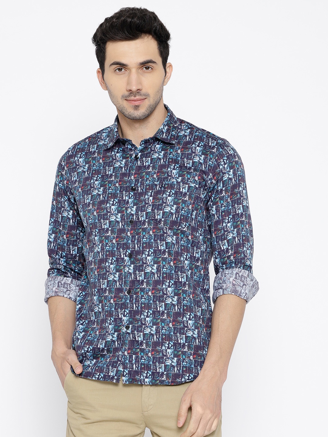 

Parx Men Navy Blue & Green Slim Fit Printed Casual Shirt