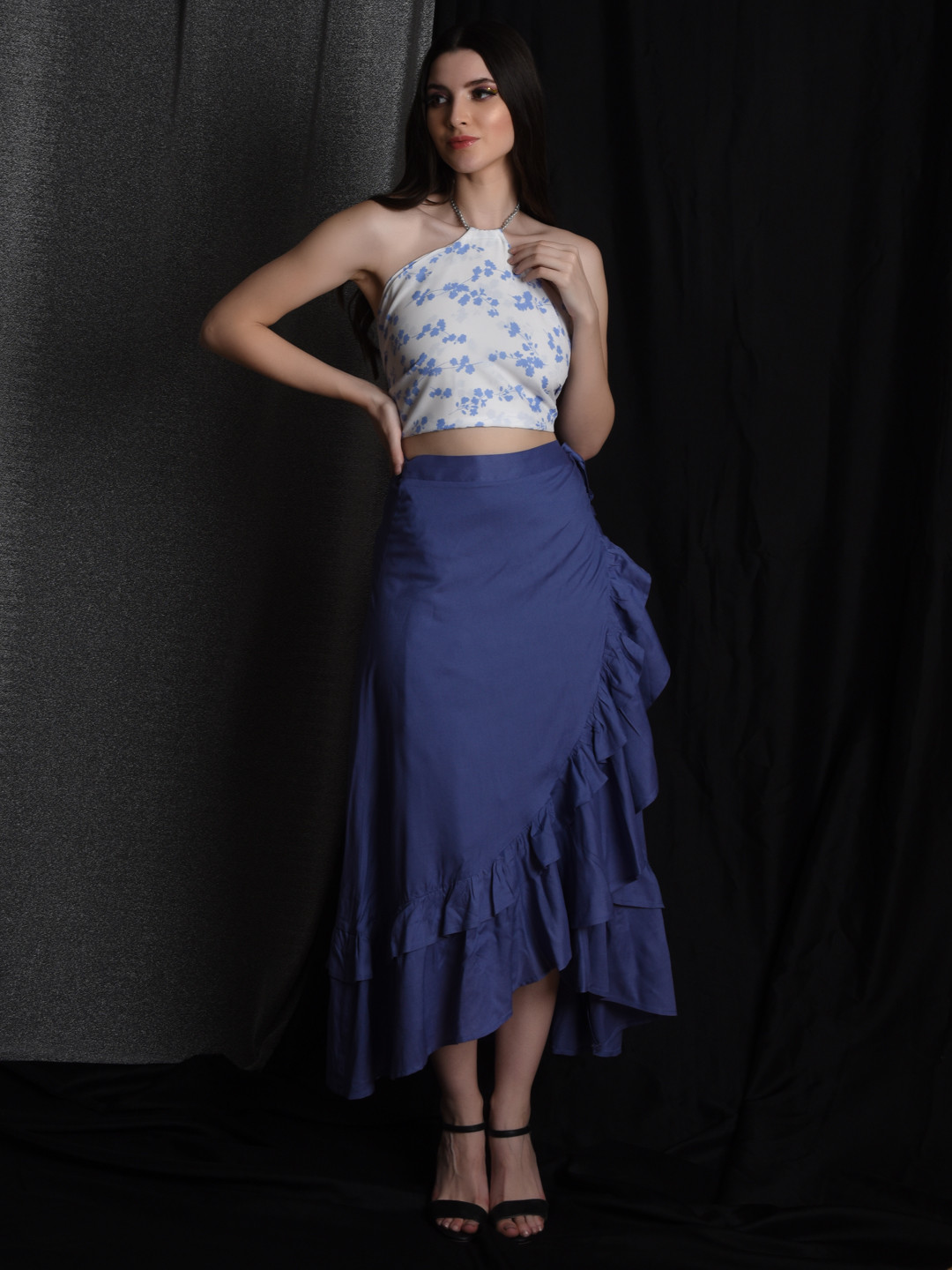 

FLAWLESS Floral Printed Halter Neck Satin Crop Top, White