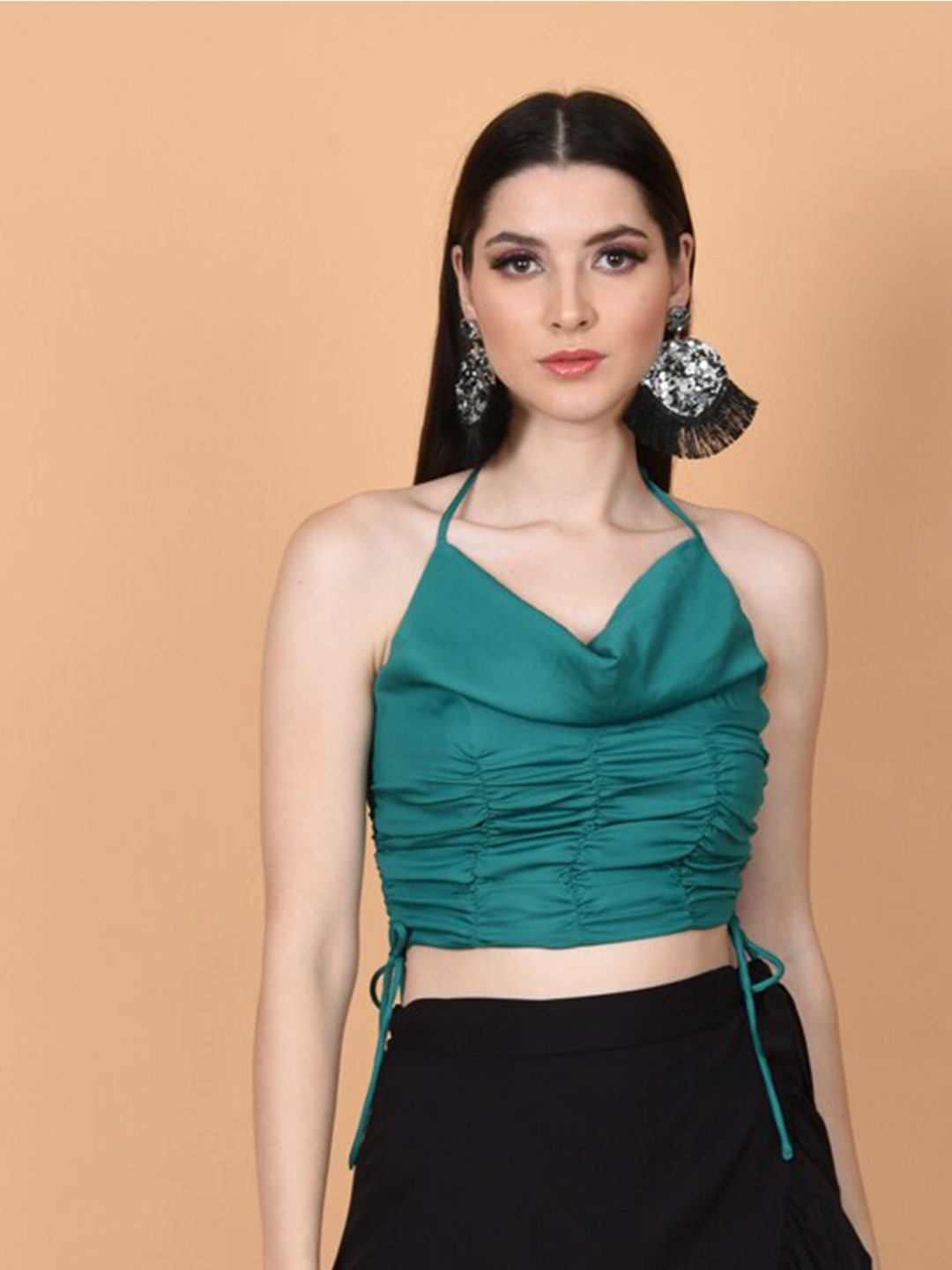 

FLAWLESS Halter Neck Ruched Fitted Crop Top, Green