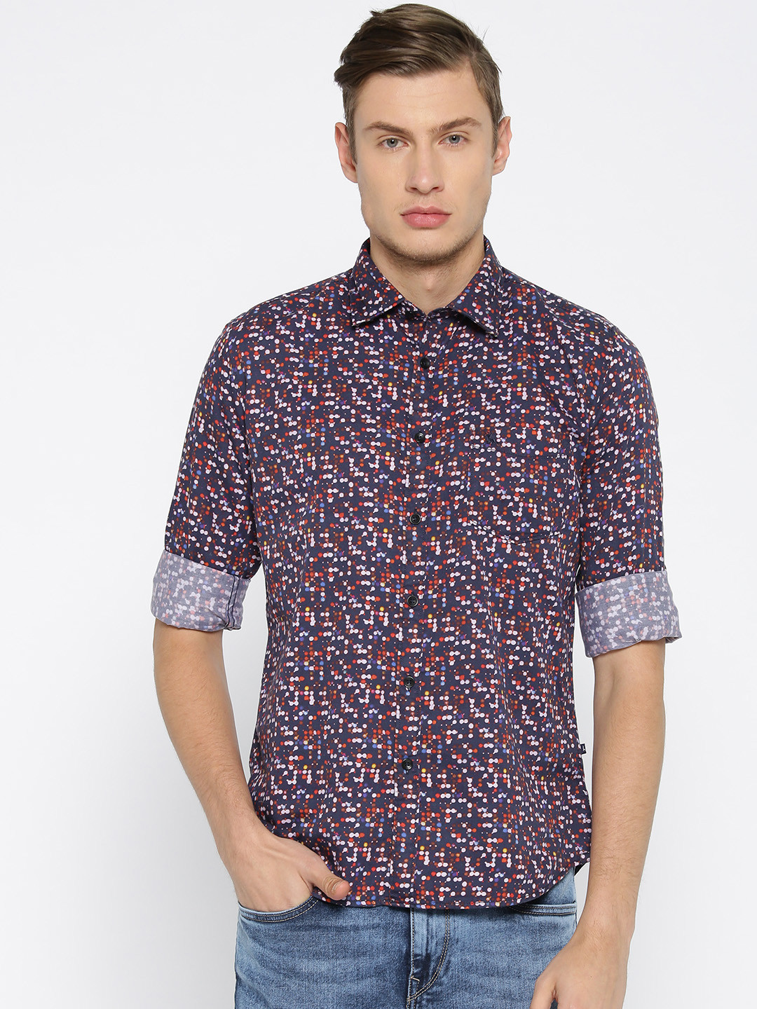 

Parx Men Navy Slim Fit Printed Casual Shirt, Navy blue